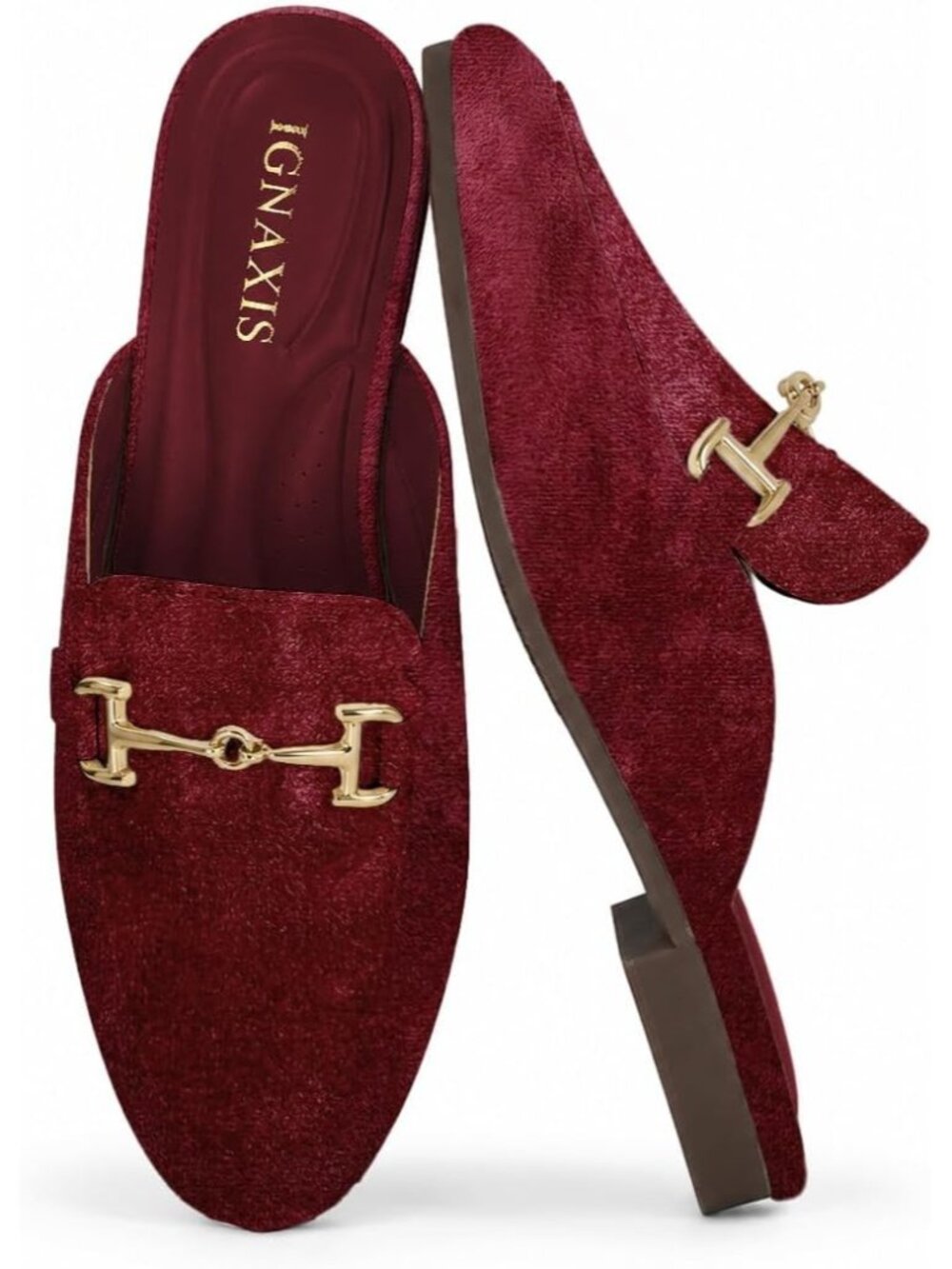Women's Wine Leather Stylish Flat Round Toe Mules Buckle Slip on Backless Loafer